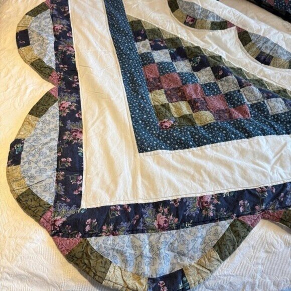 Vintage Lonestar Quilt Blue Yellow Green Patchwork Scalloped Edge - Picture 8 of 10